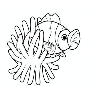 A clownfish near a simple anemone.
Style rules :
Bold, simple outlines
One main subject per page
Kid-friendly, cute, non-realistic
Large coloring spaces
No text, no shading, no complexity