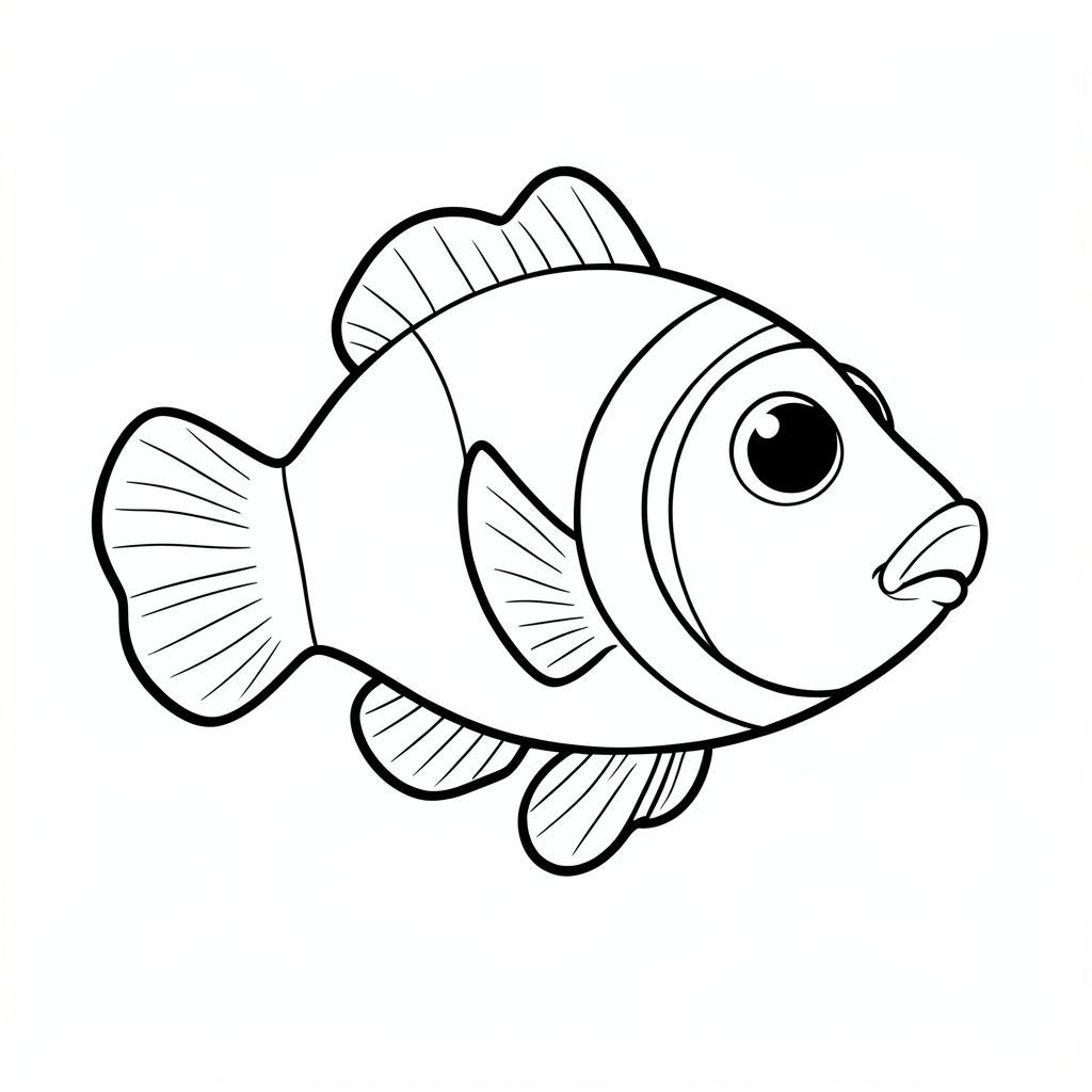 A clownfish.
Style rules :
Bold, simple outlines
One main subject per page
Kid-friendly, cute, non-realistic
Large coloring spaces
No text, no shading, no complexity