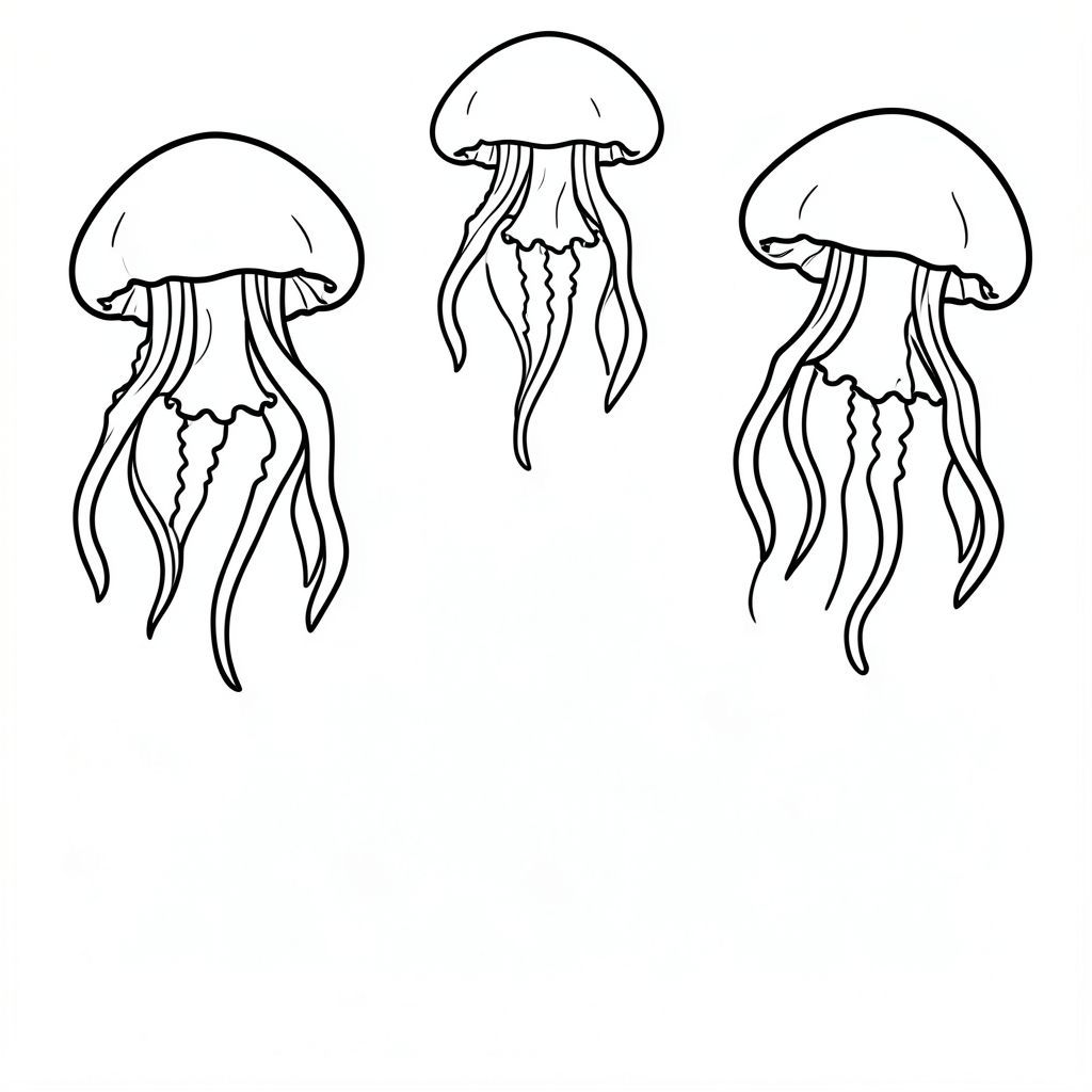 Three jellyfish floating at different heights.
Style rules :
Bold, simple outlines
One main subject per page
Kid-friendly, cute, non-realistic
Large coloring spaces
No text, no shading, no complexity