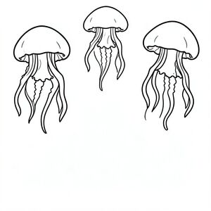 Three jellyfish floating at different heights.
Style rules :
Bold, simple outlines
One main subject per page
Kid-friendly, cute, non-realistic
Large coloring spaces
No text, no shading, no complexity