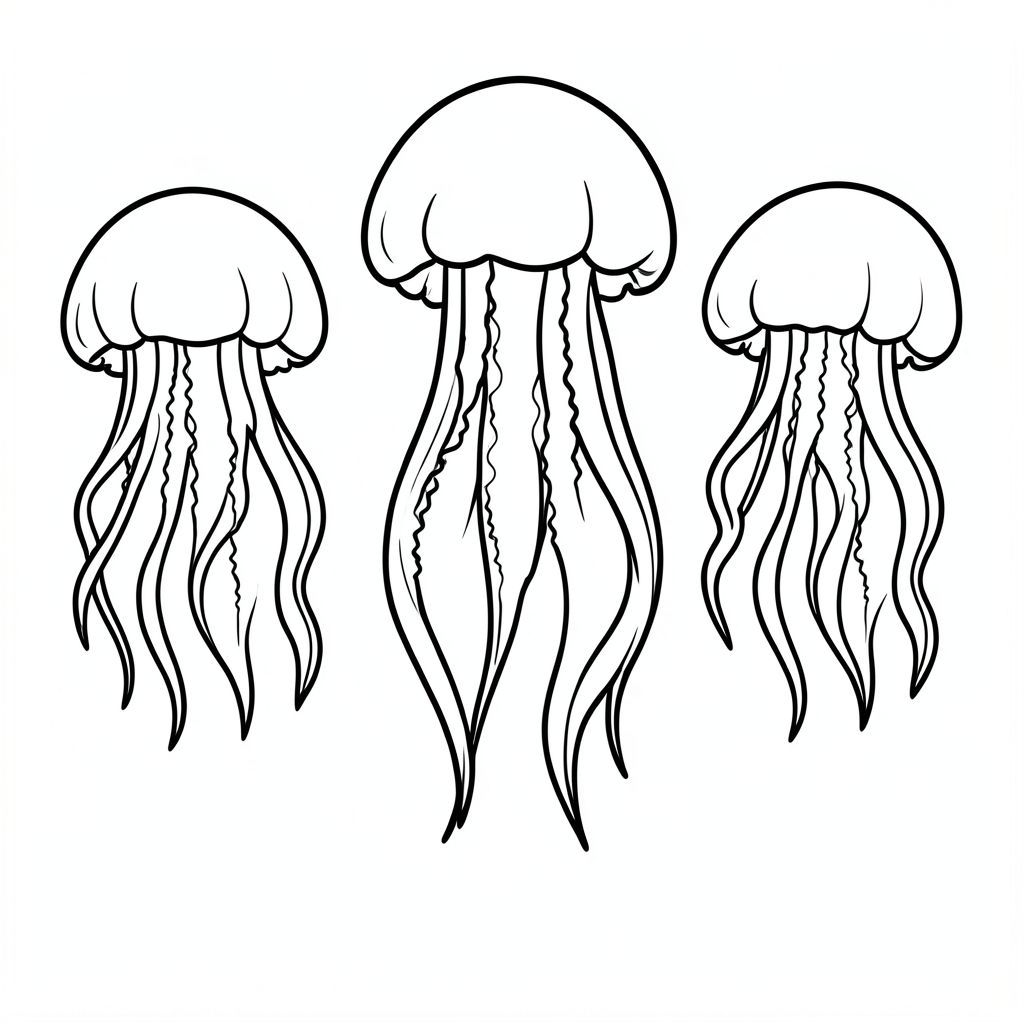 Three jellyfish floating.
Style rules :
Bold, simple outlines
One main subject per page
Kid-friendly, cute, non-realistic
Large coloring spaces
No text, no shading, no complexity