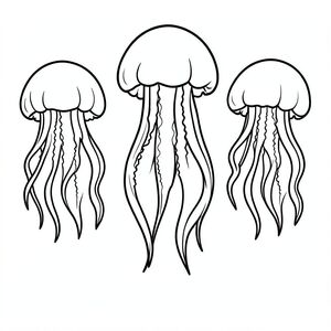 Three jellyfish floating.
Style rules :
Bold, simple outlines
One main subject per page
Kid-friendly, cute, non-realistic
Large coloring spaces
No text, no shading, no complexity