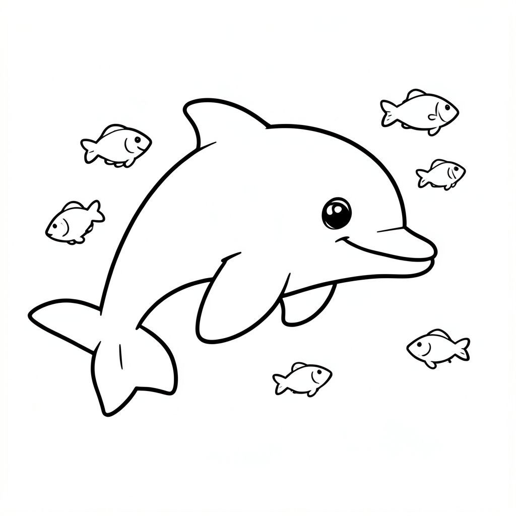 A dolphin swimming with small fish around it.
Style rules :
Bold, simple outlines
One main subject per page
Kid-friendly, cute, non-realistic
Large coloring spaces
No text, no shading, no complexity