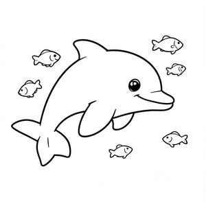 A dolphin swimming with small fish around it.
Style rules :
Bold, simple outlines
One main subject per page
Kid-friendly, cute, non-realistic
Large coloring spaces
No text, no shading, no complexity