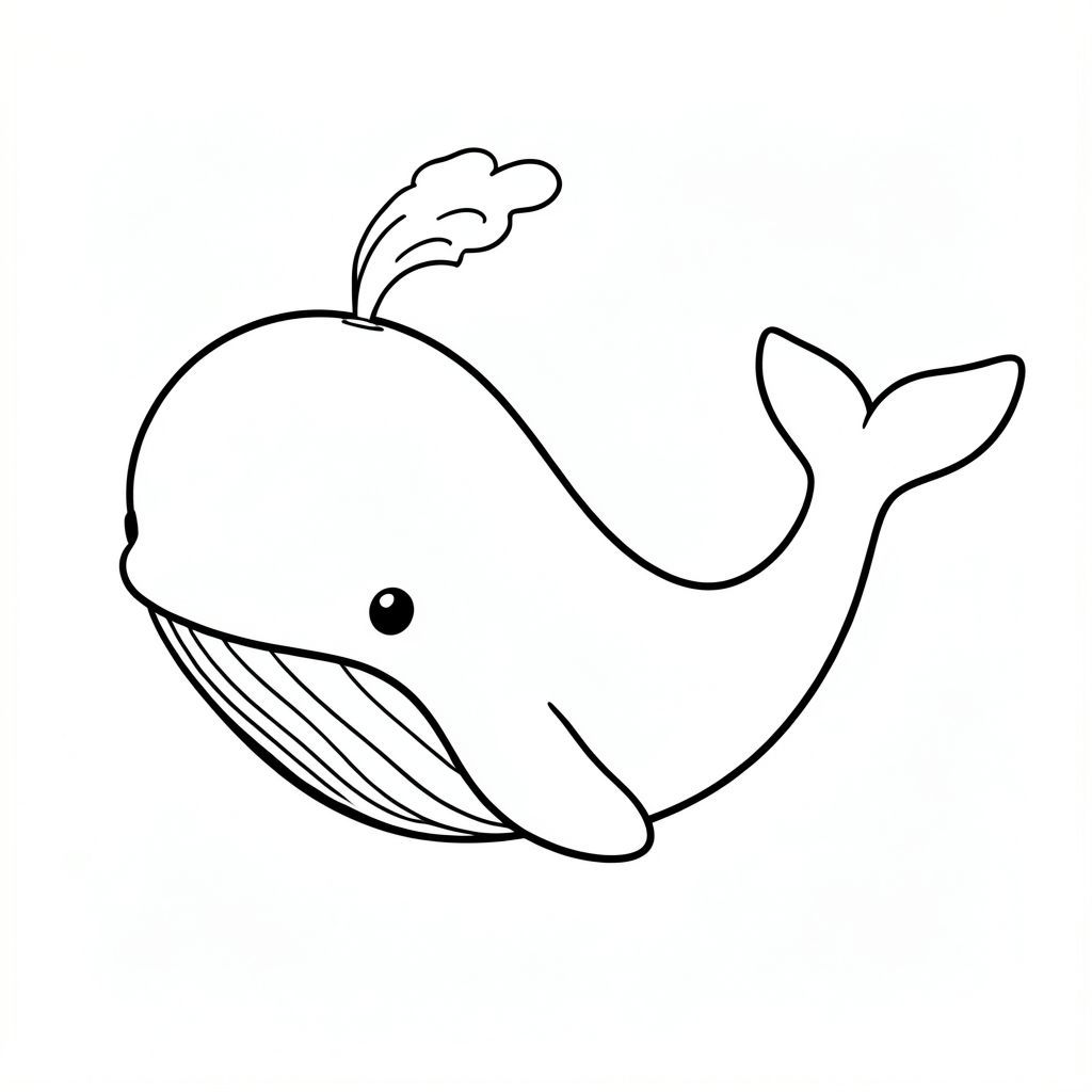 A whale blowing a simple water spout.
Style rules :
Bold, simple outlines
One main subject per page
Kid-friendly, cute, non-realistic
Large coloring spaces
No text, no shading, no complexity