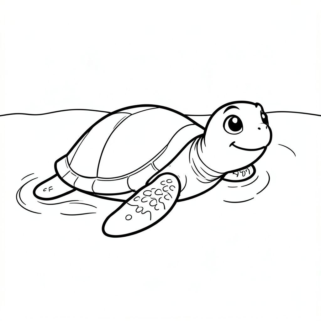 A happy turtle swimming through open water.
Style rules :
Bold, simple outlines
One main subject per page
Kid-friendly, cute, non-realistic
Large coloring spaces
No text, no shading, no complexity