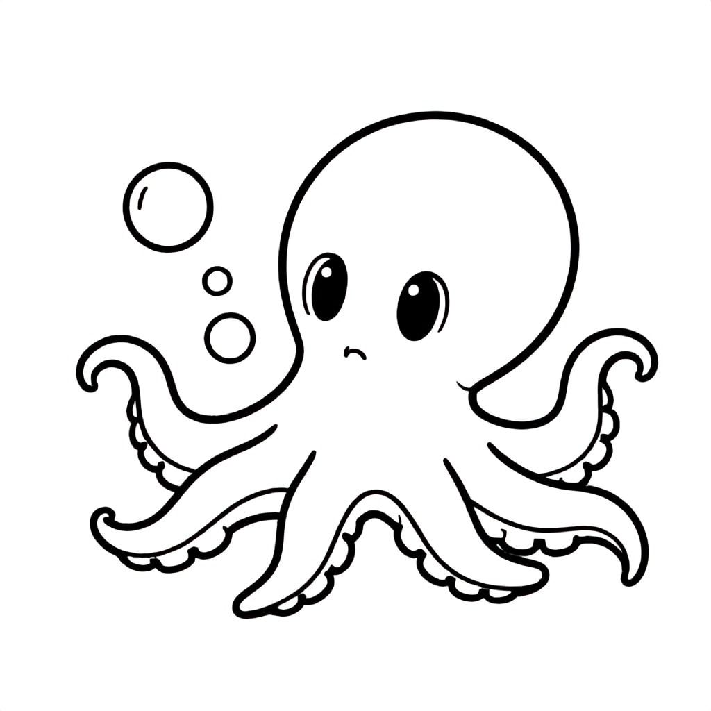 An octopus blowing bubbles underwater.
Style rules :
Bold, simple outlines
One main subject per page
Kid-friendly, cute, non-realistic
Large coloring spaces
No text, no shading, no complexity