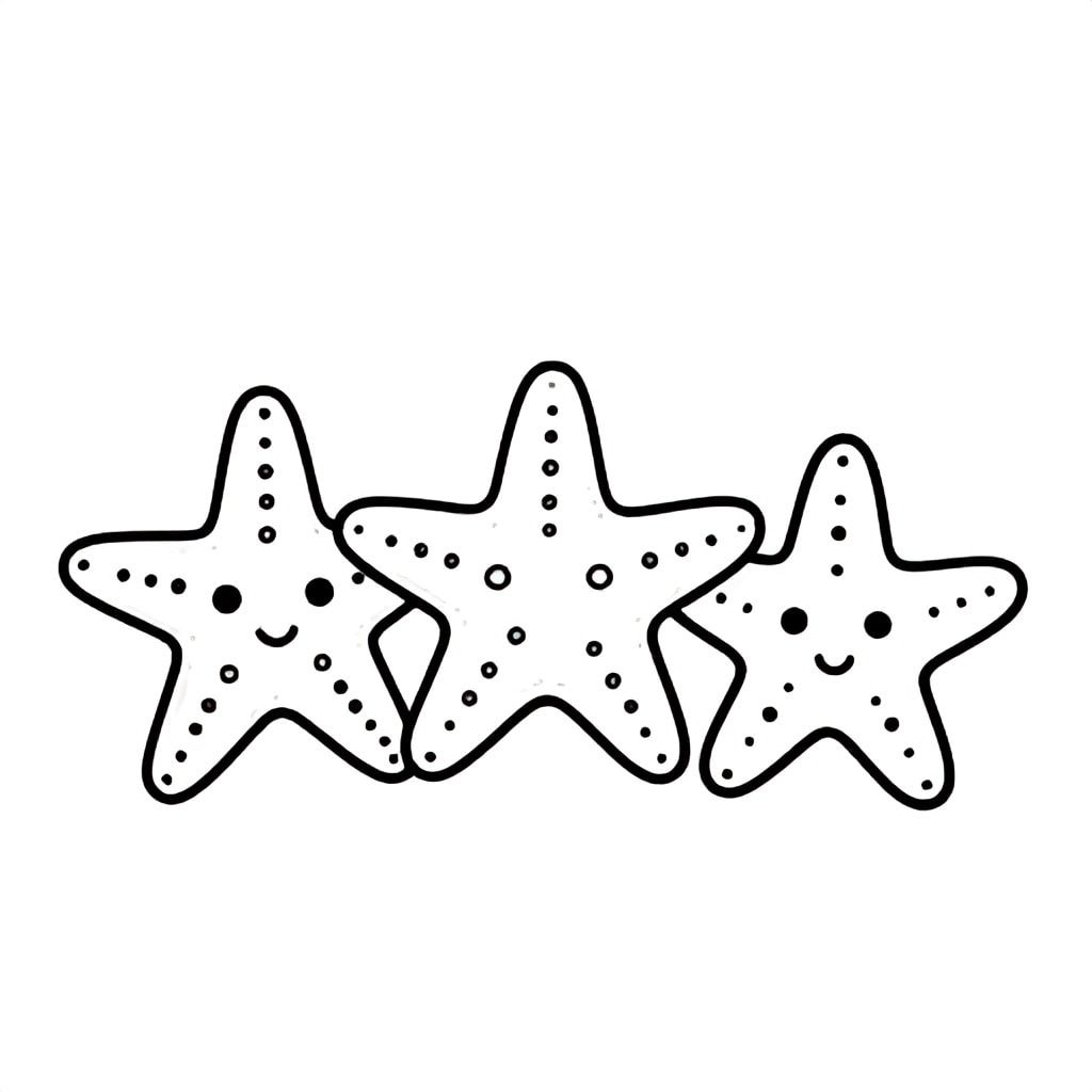 Three starfish resting together on the sea floor.
Style rules :
Bold, simple outlines
One main subject per page
Kid-friendly, cute, non-realistic
Large coloring spaces
No text, no shading, no complexity