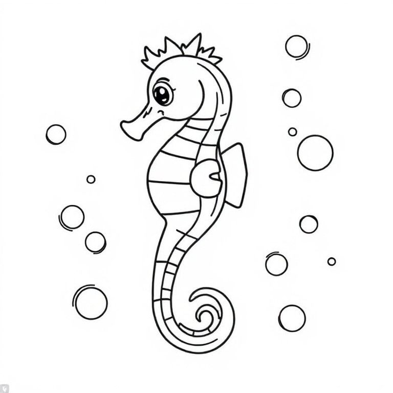 A seahorse leaving a trail of bubbles.
Style rules :
Bold, simple outlines
One main subject per page
Kid-friendly, cute, non-realistic
Large coloring spaces
No text, no shading, no complexity