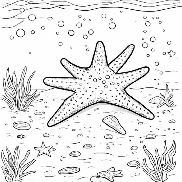 starfish resting on the sea floor.
Style rules :
Bold, simple outlines
One main subject per page
Kid-friendly, cute, non-realistic
Large coloring spaces
No text, no shading, no complexity