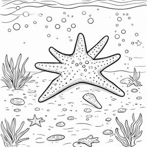 starfish resting on the sea floor.
Style rules :
Bold, simple outlines
One main subject per page
Kid-friendly, cute, non-realistic
Large coloring spaces
No text, no shading, no complexity