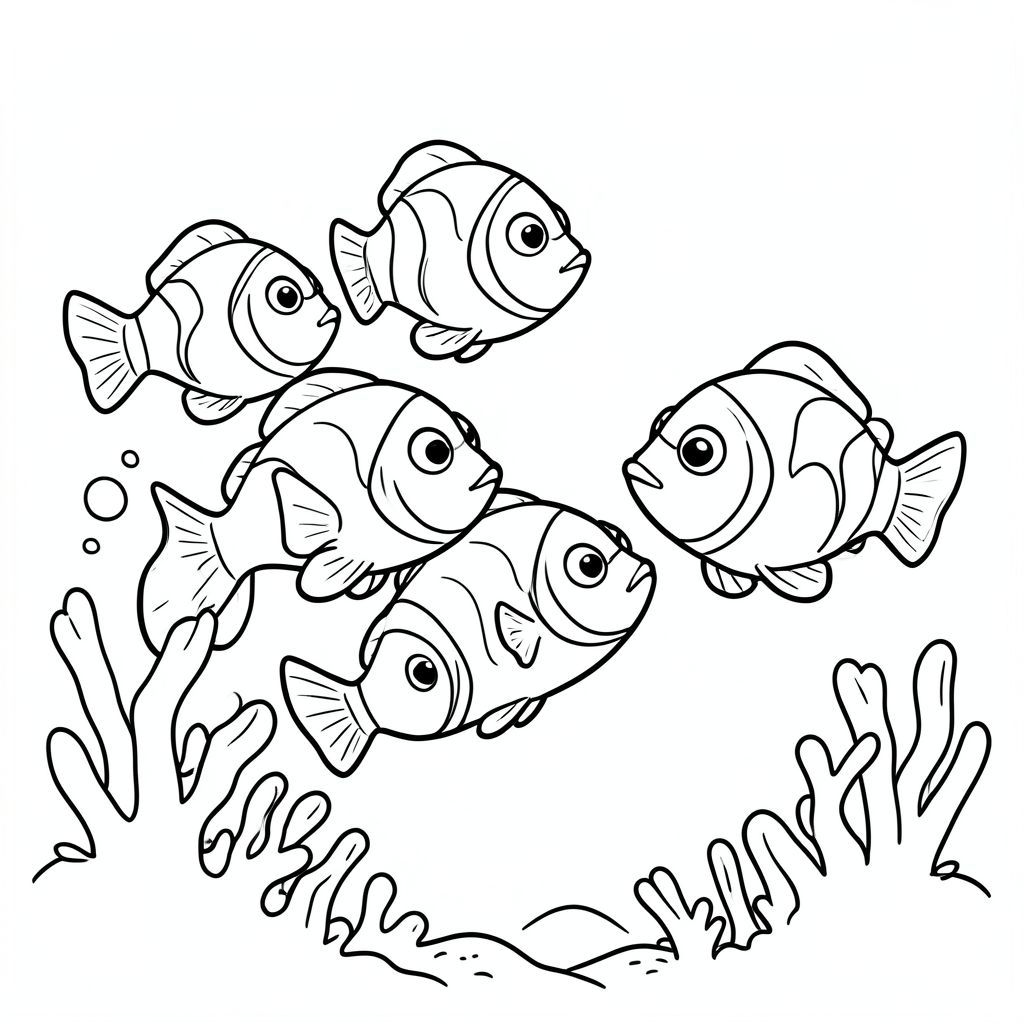 A group of clownfish swimming together.
Style rules :
Bold, simple outlines
One main subject per page
Kid-friendly, cute, non-realistic
Large coloring spaces
No text, no shading, no complexity
