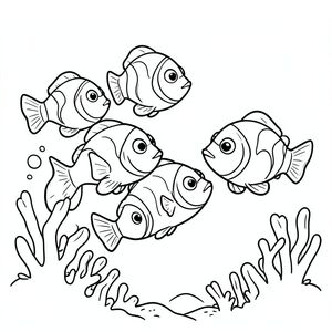 A group of clownfish swimming together.
Style rules :
Bold, simple outlines
One main subject per page
Kid-friendly, cute, non-realistic
Large coloring spaces
No text, no shading, no complexity