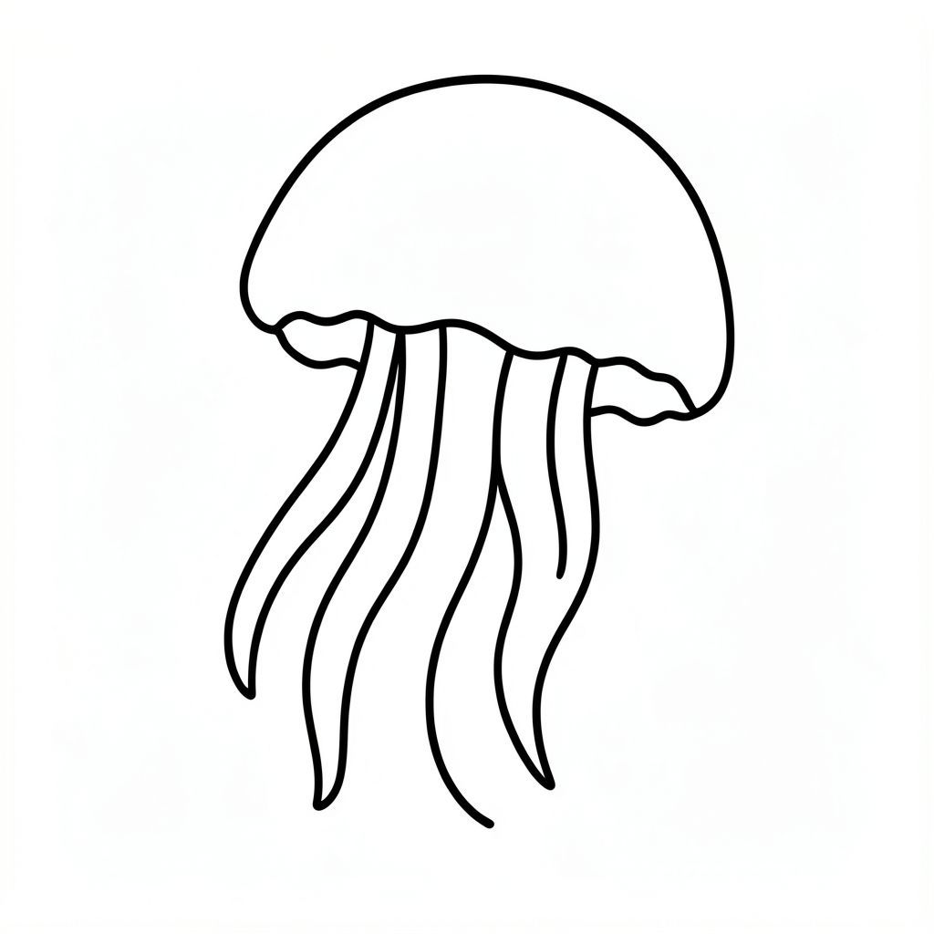 A simple jellyfish floating with rounded shape and soft lines.
Style rules :
Bold, simple outlines
One main subject per page
Kid-friendly, cute, non-realistic
Large coloring spaces
No text, no shading, no complexity