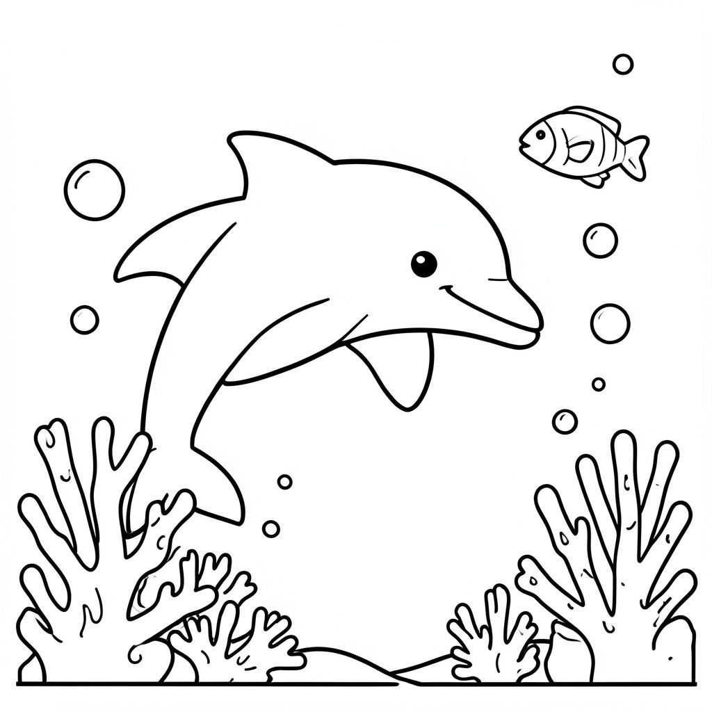 A simple underwater scene with dolphin, fish, coral, and bubbles (very minimal, kid-friendly composition).
Style rules :
Bold, simple outlines
One main subject per page
Kid-friendly, cute, non-realistic
Large coloring spaces
No text, no shading, no complexity