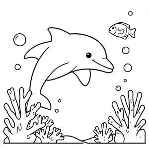 A simple underwater scene with dolphin, fish, coral, and bubbles (very minimal, kid-friendly composition).
Style rules :
Bold, simple outlines
One main subject per page
Kid-friendly, cute, non-realistic
Large coloring spaces
No text, no shading, no complexity