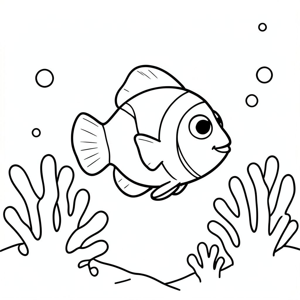 A friendly clownfish swimming near simple coral reef shapes, with clean bold outlines and a minimal underwater background with a few bubbles.
Style rules :
Bold, simple outlines
One main subject per page
Kid-friendly, cute, non-realistic
Large coloring spaces
No text, no shading, no complexity