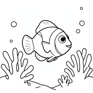 A friendly clownfish swimming near simple coral reef shapes, with clean bold outlines and a minimal underwater background with a few bubbles.
Style rules :
Bold, simple outlines
One main subject per page
Kid-friendly, cute, non-realistic
Large coloring spaces
No text, no shading, no complexity