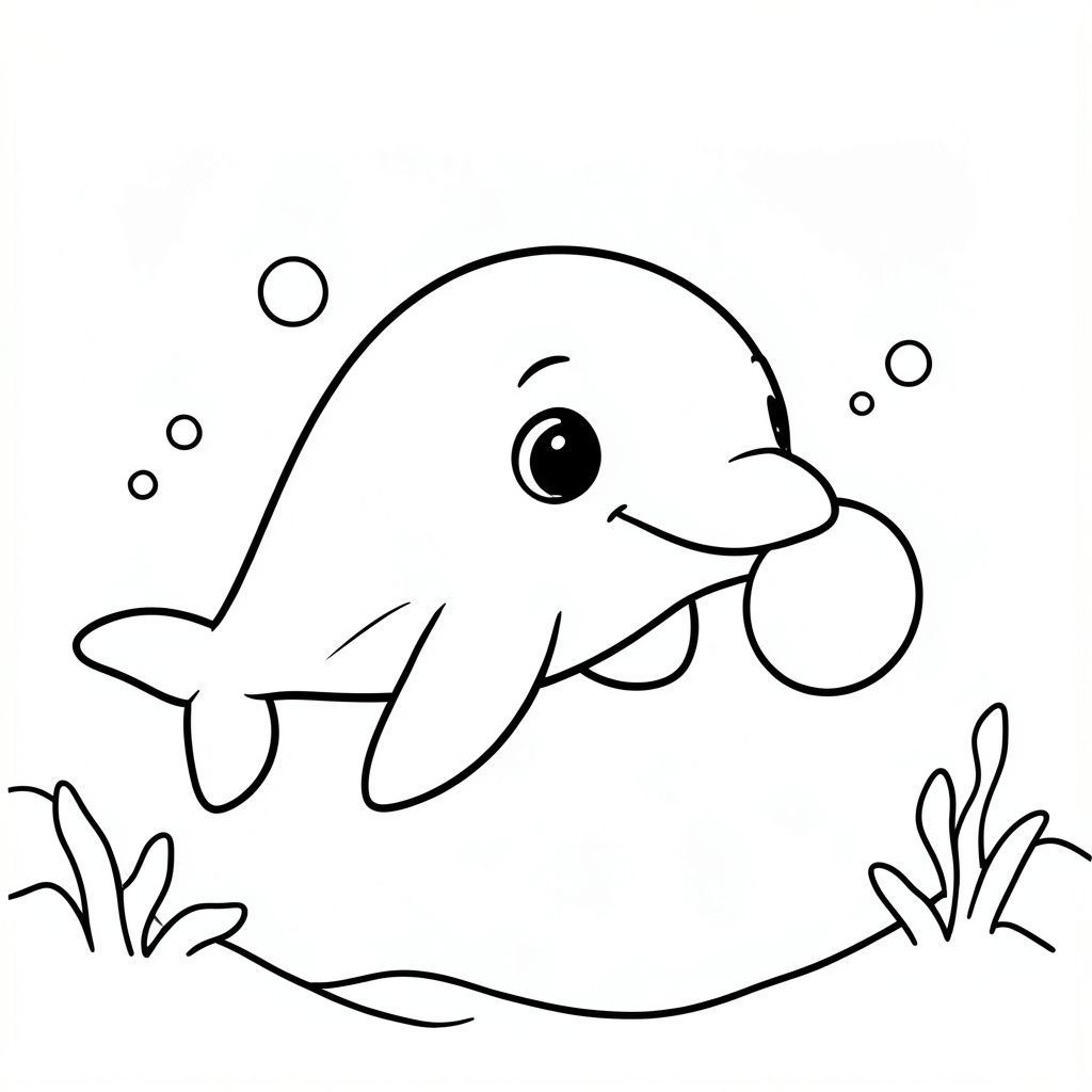 A cute baby dolphin swimming playfully in the ocean, gently pushing a small floating ball with its nose, with simple bubbles around it and a clean underwater background.
Style rules :
Bold, simple outlines
One main subject per page
Kid-friendly, cute, non-realistic
Large coloring spaces
No text, no shading, no complexity