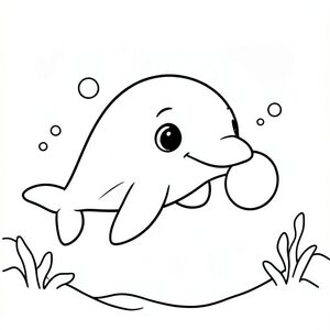 A cute baby dolphin swimming playfully in the ocean, gently pushing a small floating ball with its nose, with simple bubbles around it and a clean underwater background.
Style rules :
Bold, simple outlines
One main subject per page
Kid-friendly, cute, non-realistic
Large coloring spaces
No text, no shading, no complexity