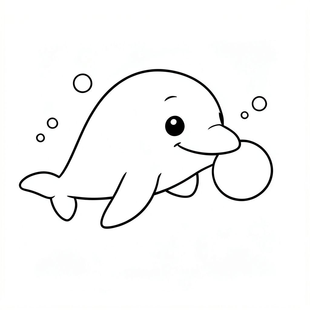 A cute baby dolphin swimming playfully in the ocean, gently pushing a small floating ball with its nose, with simple bubbles around it.
Style rules :
Bold, simple outlines
One main subject per page
Kid-friendly, cute, non-realistic
Large coloring spaces
No text, no shading, no complexity