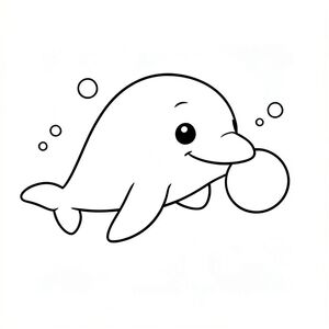 A cute baby dolphin swimming playfully in the ocean, gently pushing a small floating ball with its nose, with simple bubbles around it.
Style rules :
Bold, simple outlines
One main subject per page
Kid-friendly, cute, non-realistic
Large coloring spaces
No text, no shading, no complexity