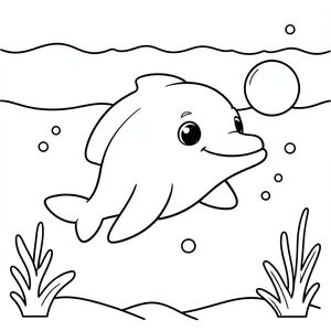 A cute baby dolphin swimming playfully underwater, balancing a small floating ball on its nose. The scene includes a simple ocean background with soft waves, a few bubbles, and minimal sea plants to keep it kid-friendly and easy to color.
Style rules :
Bold, simple outlines
One main subject per page
Kid-friendly, cute, non-realistic
Large coloring spaces
No text, no shading, no complexity