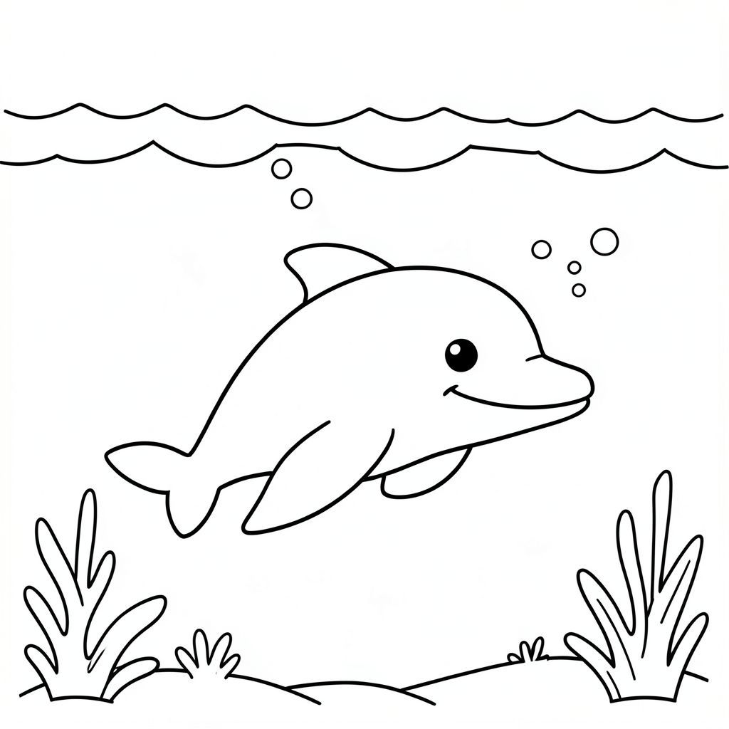 A cute dolphin swimming happily underwater as gentle ocean waves roll above it, with simple bubbles rising and a minimal sea background with a few soft sea plants for easy coloring.
Style rules :
Bold, simple outlines
One main subject per page
Kid-friendly, cute, non-realistic
Large coloring spaces
No text, no shading, no complexity
