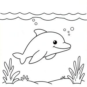 A cute dolphin swimming happily underwater as gentle ocean waves roll above it, with simple bubbles rising and a minimal sea background with a few soft sea plants for easy coloring.
Style rules :
Bold, simple outlines
One main subject per page
Kid-friendly, cute, non-realistic
Large coloring spaces
No text, no shading, no complexity