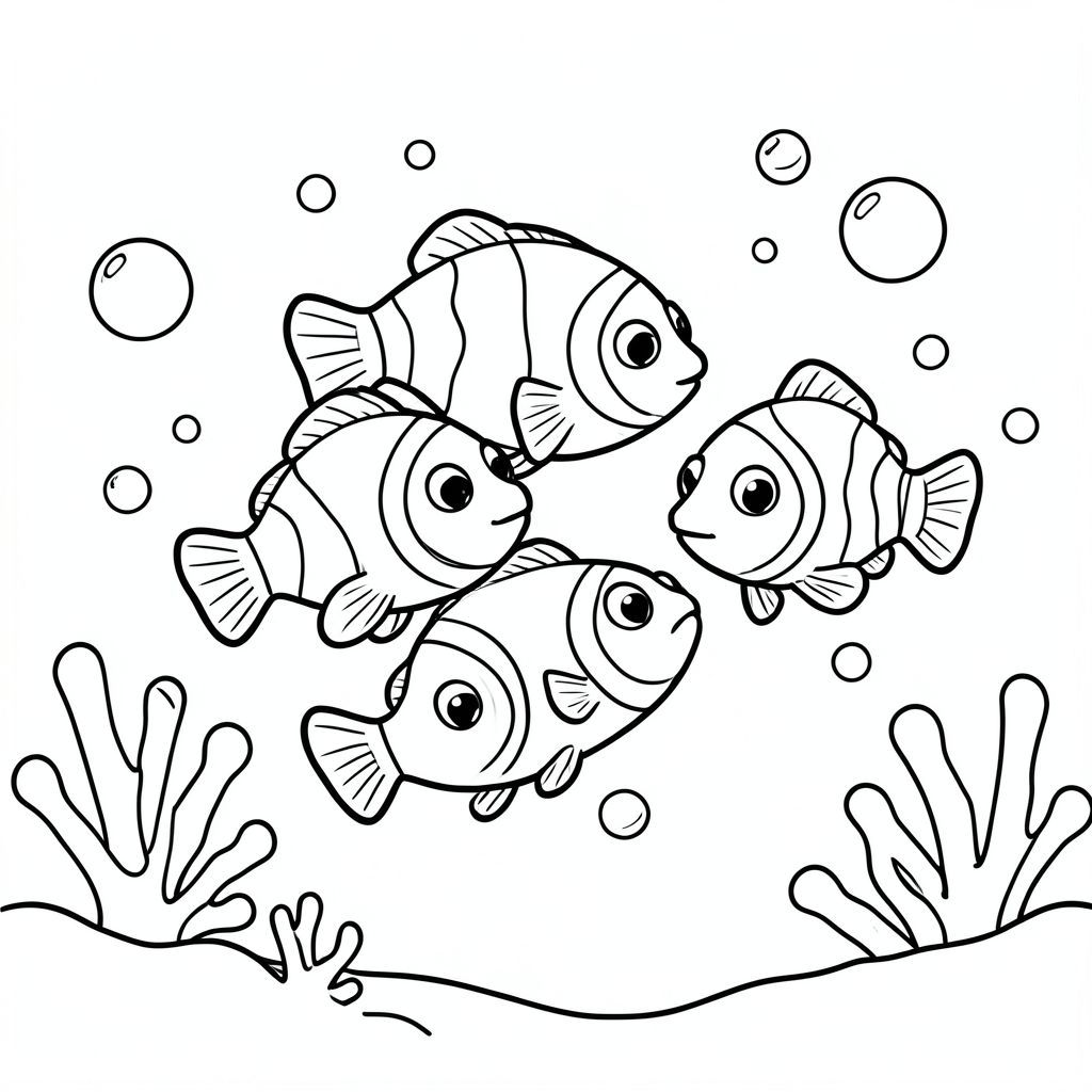 A group of cute clownfish swimming together in the ocean in a playful formation, surrounded by simple bubbles and minimal coral shapes in the background for a clean, easy-to-color underwater scene.
Style rules :
Bold, simple outlines
One main subject per page
Kid-friendly, cute, non-realistic
Large coloring spaces
No text, no shading, no complexity