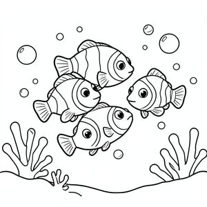 A group of cute clownfish swimming together in the ocean in a playful formation, surrounded by simple bubbles and minimal coral shapes in the background for a clean, easy-to-color underwater scene.
Style rules :
Bold, simple outlines
One main subject per page
Kid-friendly, cute, non-realistic
Large coloring spaces
No text, no shading, no complexity