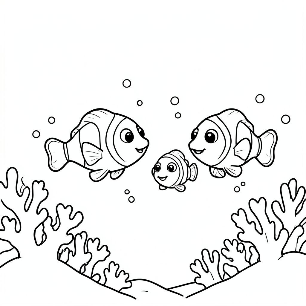 A group of friendly clownfish swimming together in the same direction underwater, with simple spacing between them, a few bubbles around, and a very light coral reef background to keep the scene clean and easy for kids to color.
Style rules :
Bold, simple outlines
One main subject per page
Kid-friendly, cute, non-realistic
Large coloring spaces
No text, no shading, no complexity