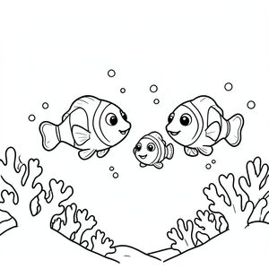 A group of friendly clownfish swimming together in the same direction underwater, with simple spacing between them, a few bubbles around, and a very light coral reef background to keep the scene clean and easy for kids to color.
Style rules :
Bold, simple outlines
One main subject per page
Kid-friendly, cute, non-realistic
Large coloring spaces
No text, no shading, no complexity