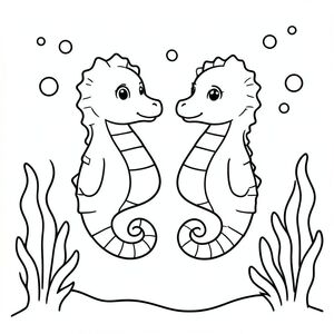 Two cute seahorses floating gently side by side underwater, with simple curved sea plants and a few bubbles in the background, drawn in a clean bold outline style for easy coloring.
Style rules :
Bold, simple outlines
One main subject per page
Kid-friendly, cute, non-realistic
Large coloring spaces
No text, no shading, no complexity