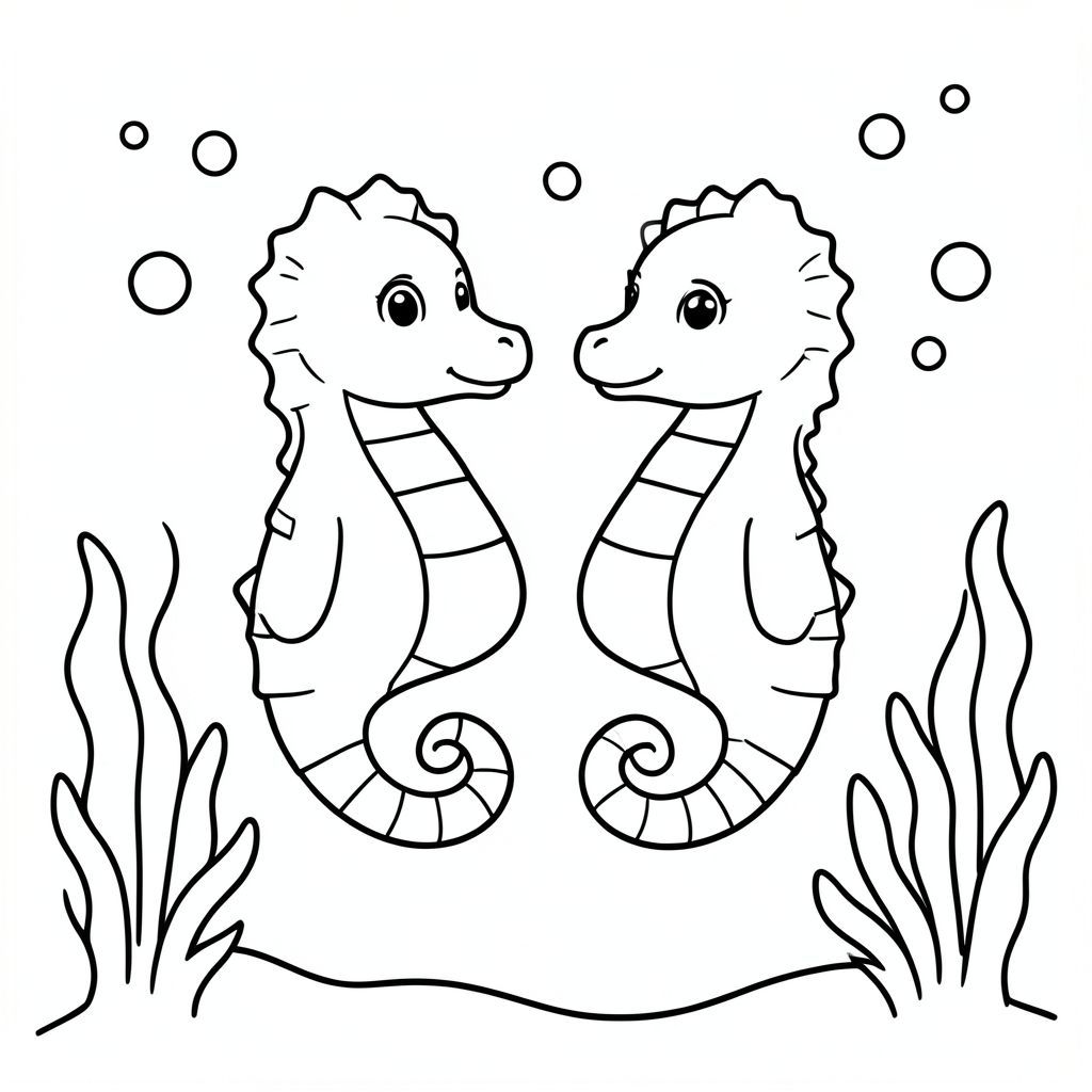 Two cute seahorses floating gently side by side underwater, with simple curved sea plants and a few bubbles in the background, drawn in a clean bold outline style for easy coloring.
Style rules :
Bold, simple outlines
One main subject per page
Kid-friendly, cute, non-realistic
Large coloring spaces
No text, no shading, no complexity