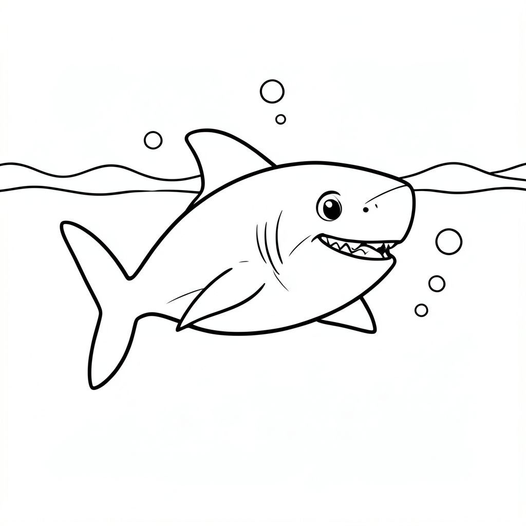 A friendly cartoon shark swimming calmly in a wide open ocean, with a few simple bubbles and soft wavy water lines in the background, designed with bold outlines and large empty spaces for easy coloring.
Style rules :
Bold, simple outlines
One main subject per page
Kid-friendly, cute, non-realistic
Large coloring spaces
No text, no shading, no complexity