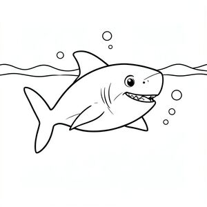 A friendly cartoon shark swimming calmly in a wide open ocean, with a few simple bubbles and soft wavy water lines in the background, designed with bold outlines and large empty spaces for easy coloring.
Style rules :
Bold, simple outlines
One main subject per page
Kid-friendly, cute, non-realistic
Large coloring spaces
No text, no shading, no complexity