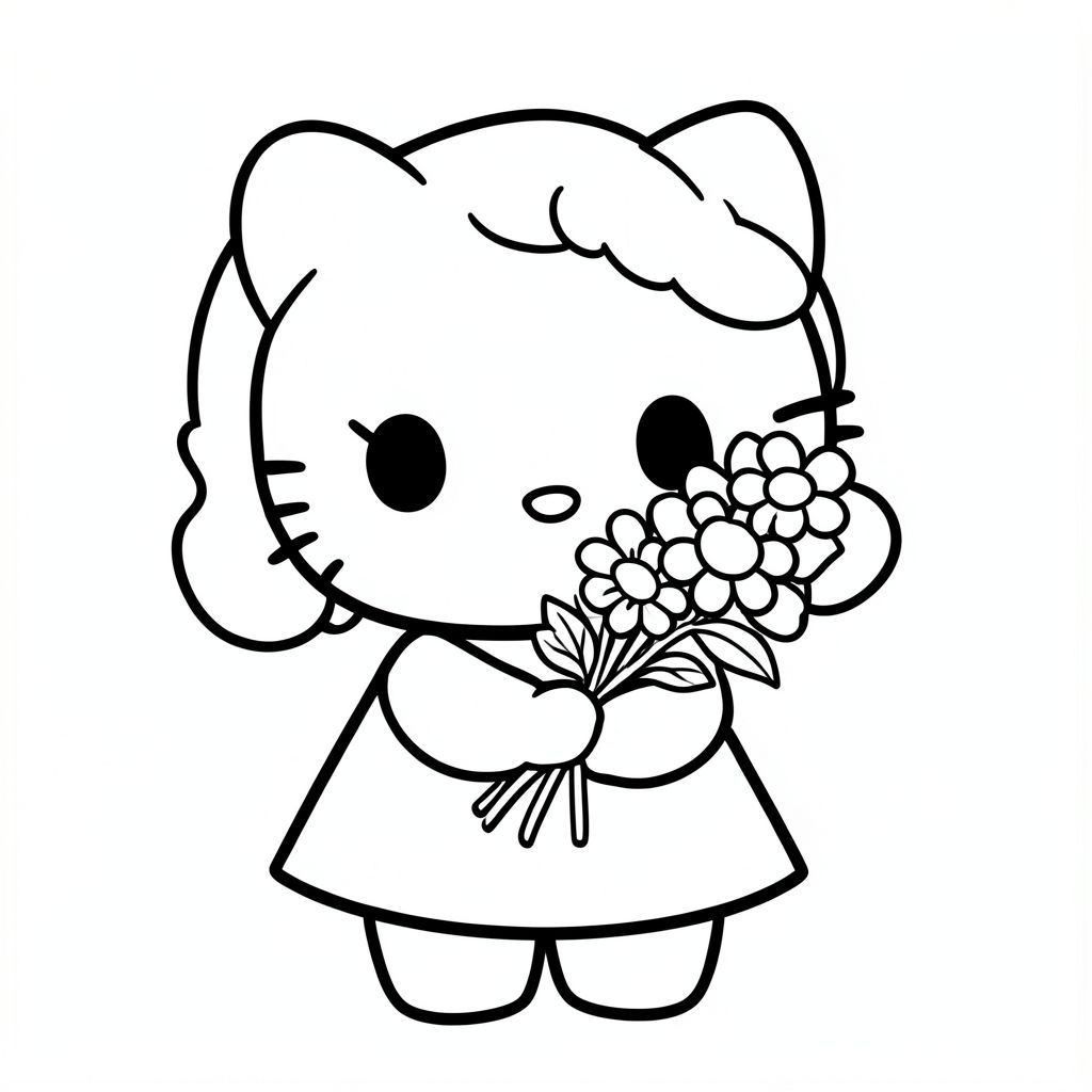 hellokitty holding a bouquet of flowers in her hand