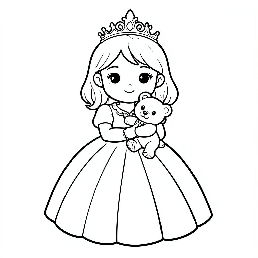 Create 1 simple figure, with a princess in a crown, holding a bear in her hand