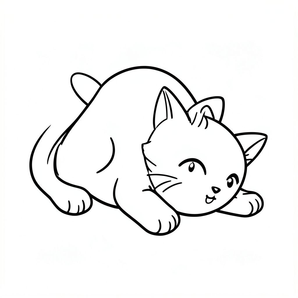 A kawaii baby cat waking up and stretching on the ground.
Each page should feature kawaii baby cat illustration.
Bold, clean outlines with consistent line weight.
Large, open spaces for easy coloring.
Simple backgrounds with minimal details like a small pillow.
No shading, no grayscale, no color. No complexity.
No text, words, letters, or numbers.
Avoid overly realistic or highly detailed designs.
Art Style: Bold and easy.