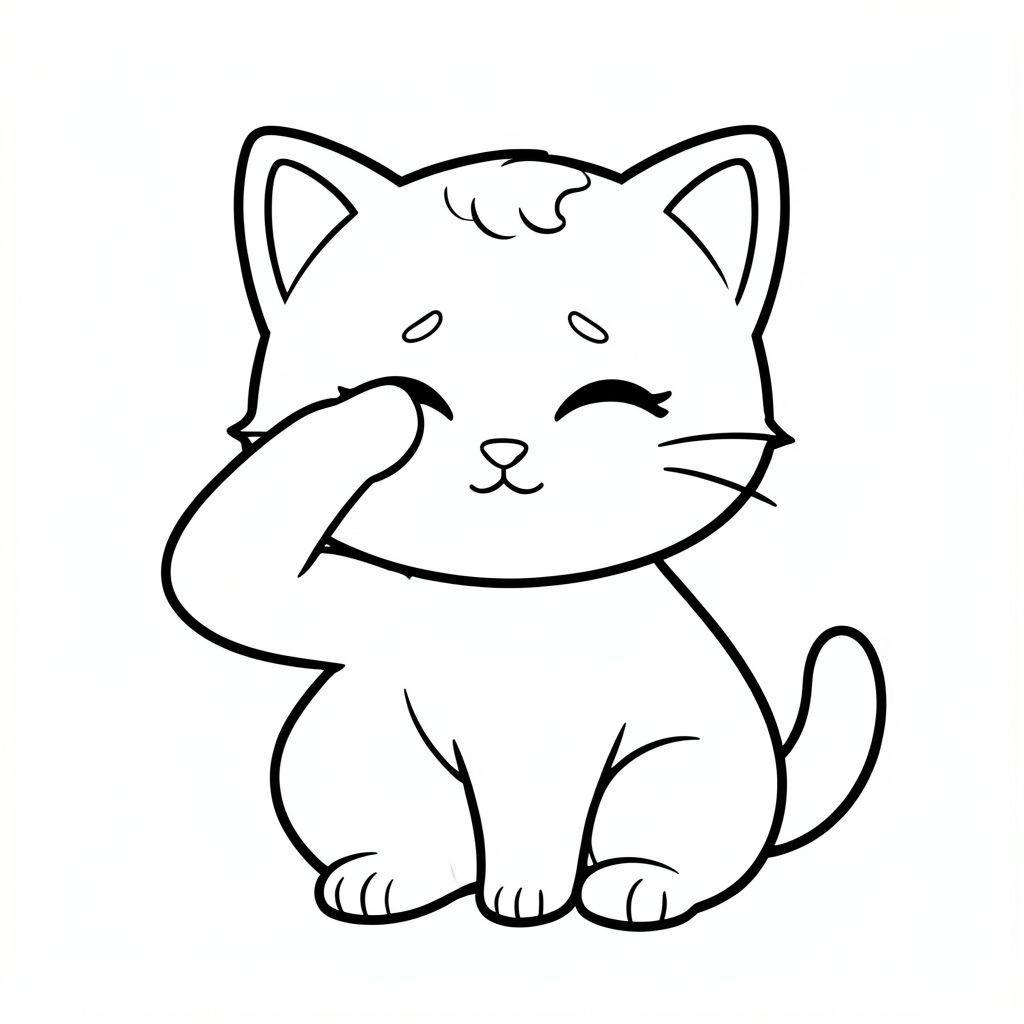 A kawaii baby cat sitting and rubbing its eyes sleepily.
Each page should feature kawaii baby cat illustration.
Bold, clean outlines with consistent line weight.
Large, open spaces for easy coloring.
Simple backgrounds with minimal details like a tiny blanket.
No shading, no grayscale, no color. No complexity.
No text, words, letters, or numbers.
Avoid overly realistic or highly detailed designs.
Art Style: Bold and easy.