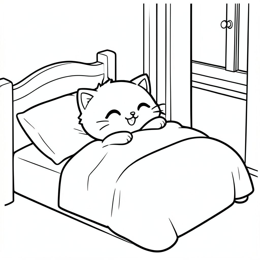 Kawaii baby cat waking up in a cozy bed, stretching happily in a bedroom scene.
Each page should feature kawaii baby cat illustration.
Bold, clean outlines with consistent line weight.
Large, open spaces for easy coloring.
Simple backgrounds with minimal details based on waking up activity.
No shading, no grayscale, no color, no complexity.
No text, words, letters, or numbers.
Avoid overly realistic or highly detailed designs.
Art Style: Bold and easy