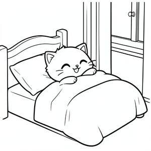 Kawaii baby cat waking up in a cozy bed, stretching happily in a bedroom scene.
Each page should feature kawaii baby cat illustration.
Bold, clean outlines with consistent line weight.
Large, open spaces for easy coloring.
Simple backgrounds with minimal details based on waking up activity.
No shading, no grayscale, no color, no complexity.
No text, words, letters, or numbers.
Avoid overly realistic or highly detailed designs.
Art Style: Bold and easy