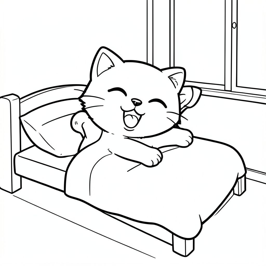Kawaii baby cat yawning and stretching paws beside the bed in a simple room.
Each page should feature kawaii baby cat illustration.
Bold, clean outlines with consistent line weight.
Large, open spaces for easy coloring.
Simple background with minimal furniture.
No shading, no grayscale, no color, no complexity.
No text, words, letters, or numbers.
Avoid overly realistic or highly detailed designs.
Art Style: Bold and easy