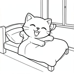Kawaii baby cat yawning and stretching paws beside the bed in a simple room.
Each page should feature kawaii baby cat illustration.
Bold, clean outlines with consistent line weight.
Large, open spaces for easy coloring.
Simple background with minimal furniture.
No shading, no grayscale, no color, no complexity.
No text, words, letters, or numbers.
Avoid overly realistic or highly detailed designs.
Art Style: Bold and easy