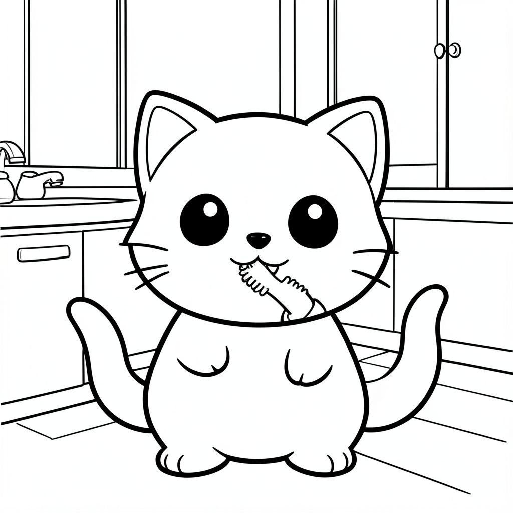 Kawaii baby cat brushing tiny teeth in a simple bathroom scene.
Each page should feature kawaii baby cat illustration.
Bold, clean outlines with consistent line weight.
Large, open spaces for easy coloring.
Minimal bathroom background elements only.
No shading, no grayscale, no color, no complexity.
No text, words, letters, or numbers.
Avoid overly realistic or highly detailed designs.
Art Style: Bold and easy
