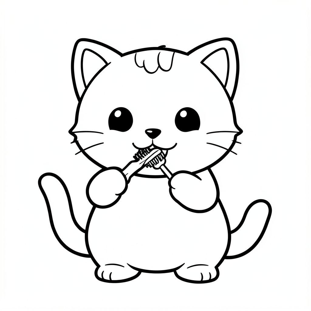 A kawaii baby cat brushing its teeth with a tiny brush.
Each page should feature kawaii baby cat illustration.
Bold, clean outlines with consistent line weight.
Large, open spaces for easy coloring.
Simple backgrounds with minimal details like a small cup.
No shading, no grayscale, no color. No complexity.
No text, words, letters, or numbers.
Avoid overly realistic or highly detailed designs.
Art Style: Bold and easy.