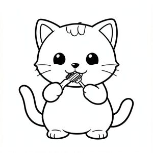 A kawaii baby cat brushing its teeth with a tiny brush.
Each page should feature kawaii baby cat illustration.
Bold, clean outlines with consistent line weight.
Large, open spaces for easy coloring.
Simple backgrounds with minimal details like a small cup.
No shading, no grayscale, no color. No complexity.
No text, words, letters, or numbers.
Avoid overly realistic or highly detailed designs.
Art Style: Bold and easy.