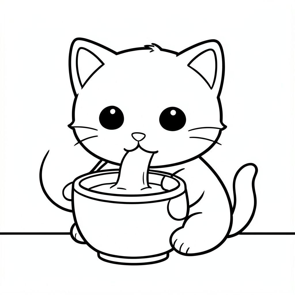 A kawaii baby cat drinking milk from a bowl.
Each page should feature kawaii baby cat illustration.
Bold, clean outlines with consistent line weight.
Large, open spaces for easy coloring.
Simple backgrounds with minimal details like a simple floor line.
No shading, no grayscale, no color. No complexity.
No text, words, letters, or numbers.
Avoid overly realistic or highly detailed designs.
Art Style: Bold and easy.