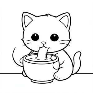 A kawaii baby cat drinking milk from a bowl.
Each page should feature kawaii baby cat illustration.
Bold, clean outlines with consistent line weight.
Large, open spaces for easy coloring.
Simple backgrounds with minimal details like a simple floor line.
No shading, no grayscale, no color. No complexity.
No text, words, letters, or numbers.
Avoid overly realistic or highly detailed designs.
Art Style: Bold and easy.